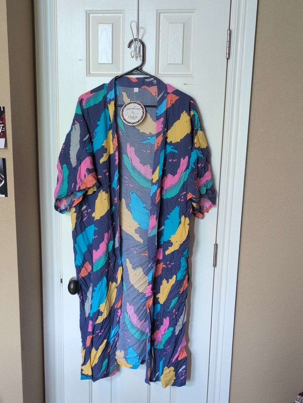 Lightweight Abstract Print Open Front Kimono Jacket - Navy Multi